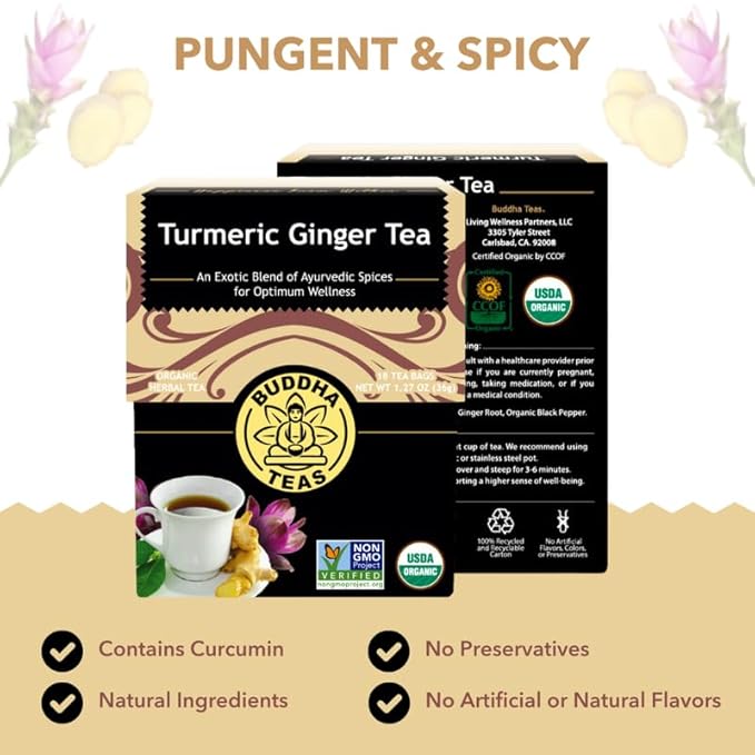 Buddha Teas Organic Turmeric Ginger Tea - OU Kosher, USDA Organic, CCOF Organic, 18 Bleach-Free Tea Bags