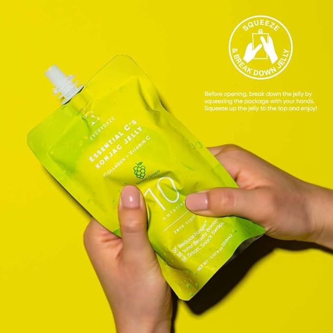 EVERYDAZE Essential C’s Konjac Jelly | Green Grape | Vegan Collagen Peptides and Vitamin C | Gluten Free, Sugar Free, Low Calorie | Healthy Drinkable Fruit Snack | 10 Pack Box Food Drink Pouch