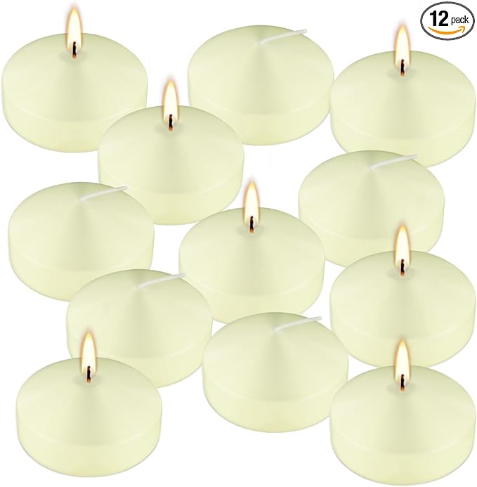 12-Pack 3" Ivory Premium Floating Candles – Long-Lasting, Smokeless – Perfect for Weddings, Pool Parties, Spa Ambiance & Decor
