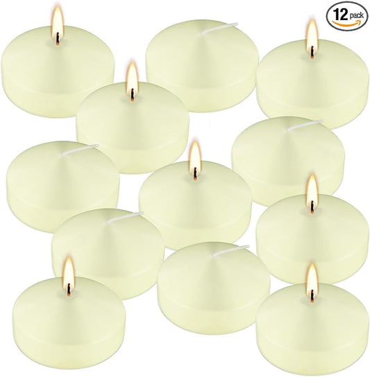 12-Pack 3" Ivory Premium Floating Candles – Long-Lasting, Smokeless – Perfect for Weddings, Pool Parties, Spa Ambiance & Decor