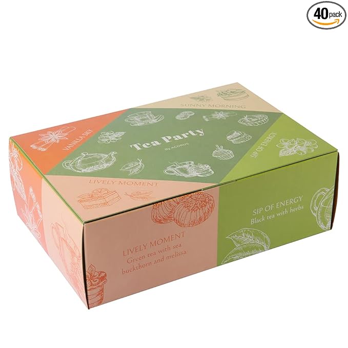 ACORUS Tea Party with 4 Different Flavors | Tea Set | 40 Count Natural Rooibos, Black Tea, Green Tea Packs with Beautiful Gift Box | Tea Bags Variety Pack
