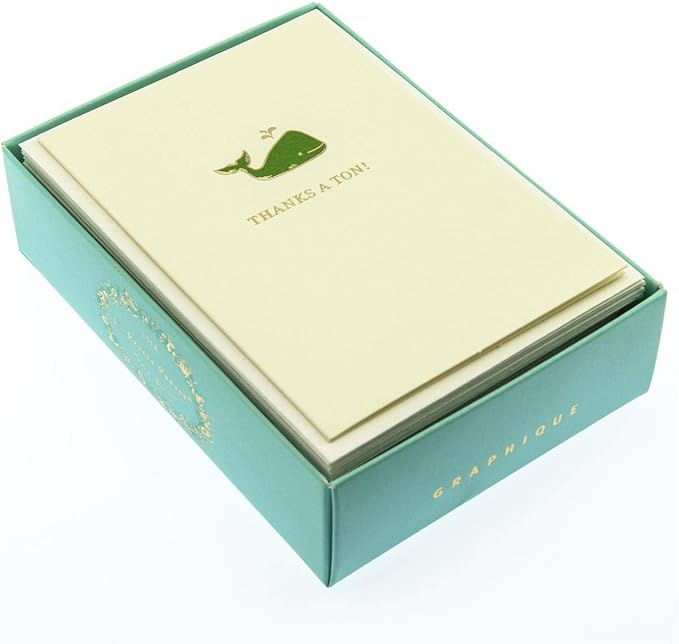 Graphique Whale La Petite Presse Boxed Notecards - 10 Elegant Embossed Green Whale Thanks a Ton! Thank You Cards with Matching Envelopes, 3.25" x 4.75"
