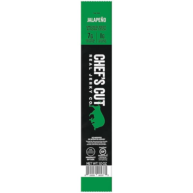 Chef's Cut Pork & Beef Snack Sticks, Jalapeno, High Protein Meat Snack, Individually Wrapped, 8g Protein and 120 Calories, Gluten Free - 1 Ounce (Pack of 16)