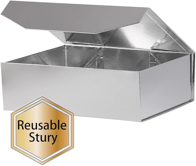 1Pcs 13x9x4 Inches Silver Gift Boxes with Lids for Presents Magnetic gift box large Gift Box for Bridesmaid Proposal,Groomsman (Glossy Silver)