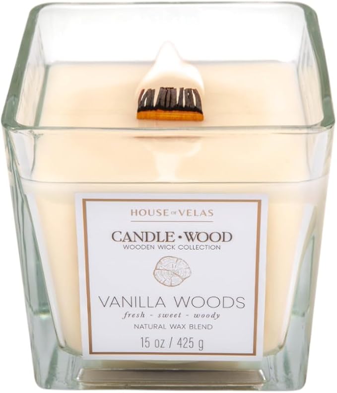 Candle Wood Collection, 15 oz, 1 Wooden Wick, Vanilla Woods, Square Glass Jar Candle