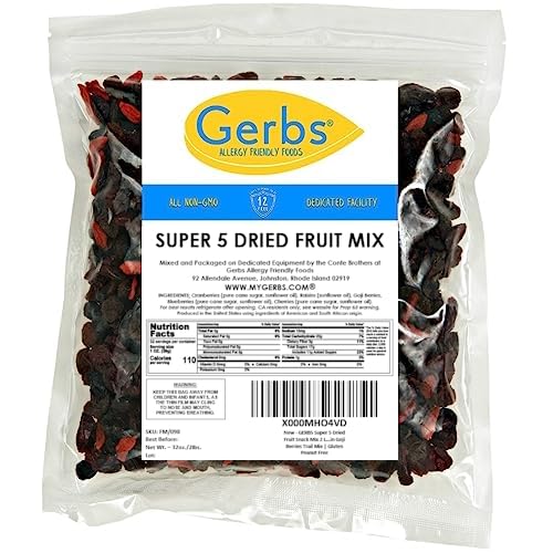 GERBS Super 5 Dried Fruit Snack Mix 2 LBS. Premium | Top 14 Food Allergy Free | Resealable Bulk Bag | Made in USA | Dried Blueberry Cranberry Cherry Raisin Goji Berries Trail Mix | Gluten Peanut Free