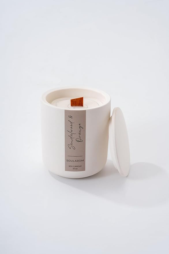 Candles for Home Scented – 10oz Hand Poured Aromatherapy Sandalwood and Orange Candle Soy Wax Candles in Elegant Ceramic Jar – Crackling Wooden Wick Decorative Candle with 60 Hours Burn Time