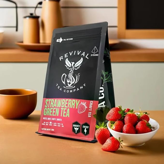 Revival Tea Company Strawberry Green Tea - Green Tea Blend with Natural Strawberry Flavor - Loose Leaf 6 Ounces