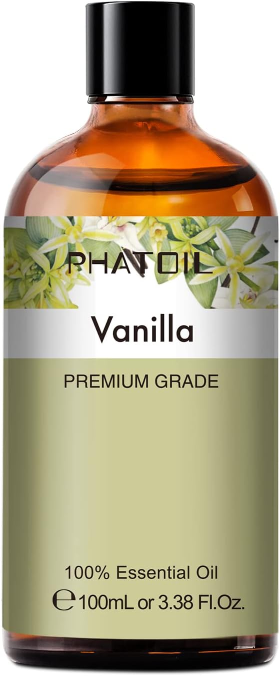 PHATOIL 100ML Vanilla Essential Oil, Huge 3.38fl.oz Bottle Vanilla Oil, Pure Aromatherapy Essential Oils for Diffuser, Humidifier, Scented Oils for Soap, Candle Making