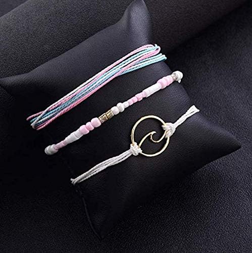 kelistom Handmade Braided Wax Rope Adjustable Strand Wrap Bracelet Set Waterproof Wave Shell Charm Stretch Knot String Thread Bracelets Friendship Jewelry