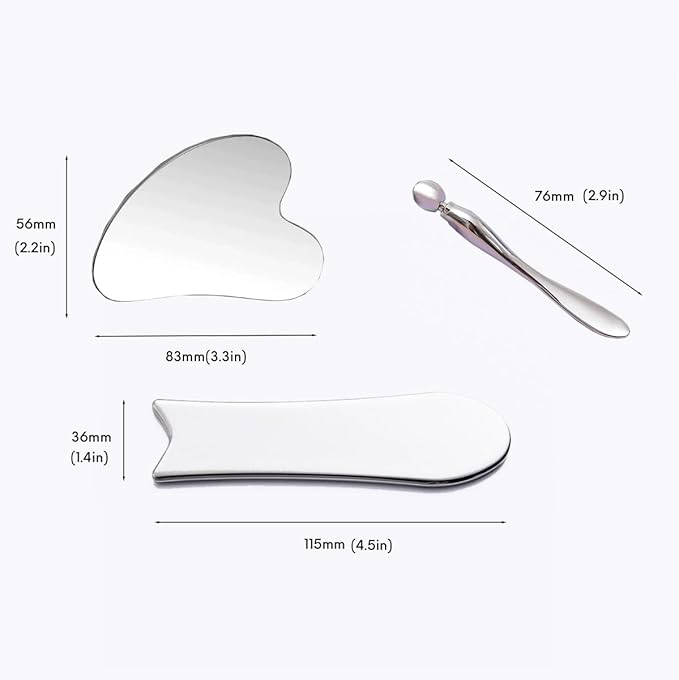 Stainless Steel Gua Sha Facial Tools 3 in 1 with Pouch,Facial Massage Tool Kit for Women’s Skincare Routine, Brighten and Sculpt Your Skin,Reduce Inflammation and Puffiness, Silver