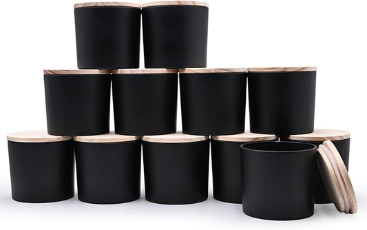 12 OZ Thick Candle Jars for Making Candles 12 Pcs, Empty Jars with Wood Lids for Spice Jars, Sample Container, Matte Black
