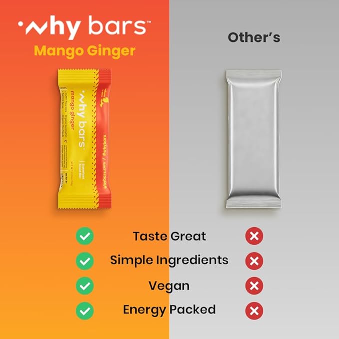 Why Bars, Protein Bars, Mango Ginger, 2.04 Ounce Bars (Pack of 12 Protein Bars) - Protein Bar Superfood, Gluten Free, Non GMO, Organic, Vegan, Simple Ingredients