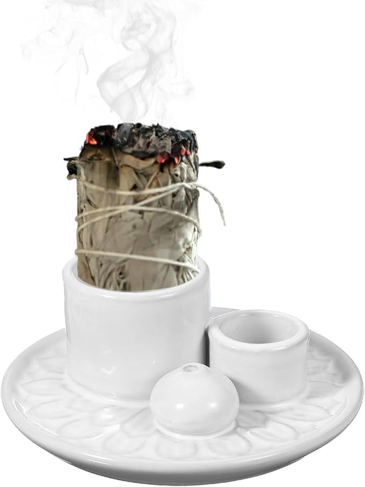 uxcell Incense Burner, 4 in 1 Ceramic Incense Holder Santo Holder Ash Catcher & Candle Holder Decorative Bowl for Meditation Stick Aromatherapy Yoga, White