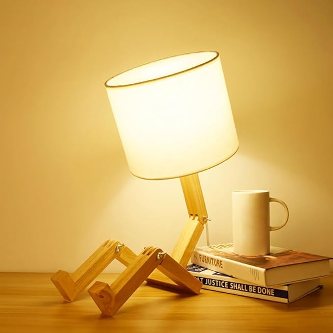 Cute Desk Lamp, Unique Table Lamp,Wooden Bedside Table Lamps Fun Quirky Robot Lamp Whimsical Cute Light for Home,Dorm Room,Kids Room,Office,Gift, Adjustable Shape