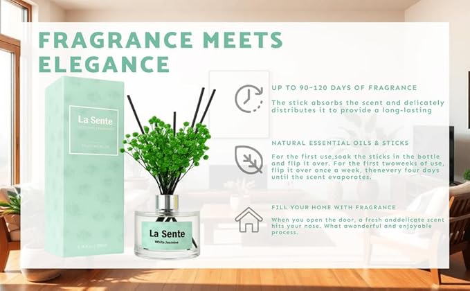 Reed Diffuser Set, Glass Bottle with Black Rattan Sticks, Dried Green Flowers, 6.7fl oz, 200ml (White Jasmine)