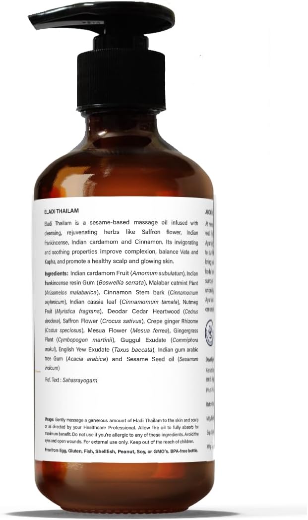 Kerala Ayurveda Herbal Skin Oil (Eladi Thailam) - Sesame Oil Based Ayurvedic Massage Oil for Radiant Body & Healthy Scalp - Moisturizes Dry Skin & Hair, & Balances Vata and Kapha, 6.76 Fl Oz