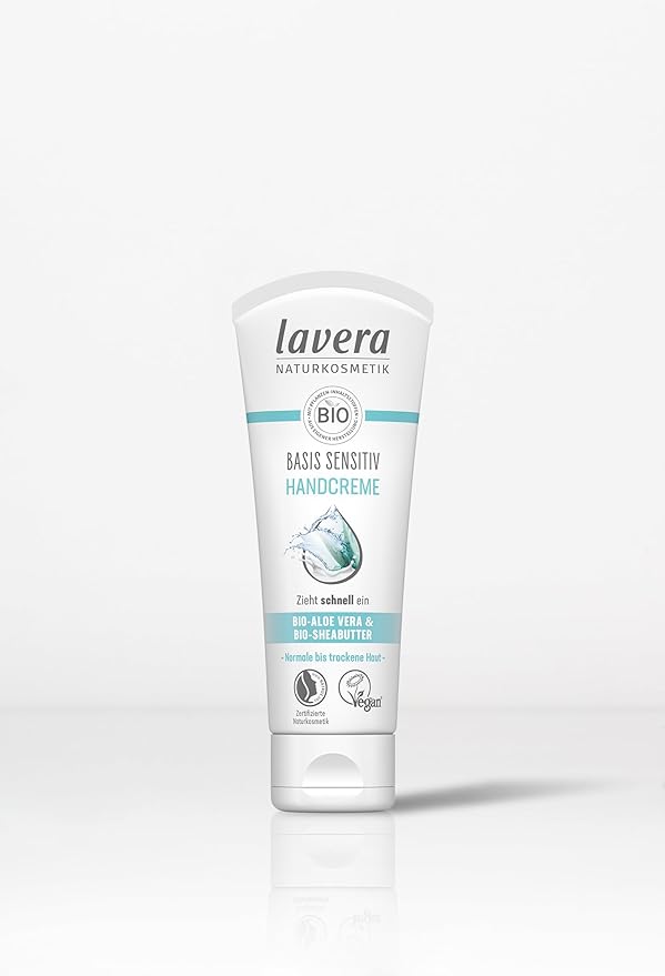 lavera Basis Sensitive Hand Cream - Hand Lotion with Organic Aloe Vera & Shea Butter for Smooth Hands - Intensive & Moisturizing Care - PETA Certified - Vegan - Made in Germany - 2.5 Fl Oz