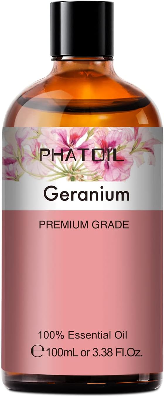 Geranium 3.38fl.oz Essential Oil, PHATOIL Aromatherapy Essential Oils for Diffuser, Humidifier, Perfect for DIY Soap, Candle, Bath Bombs Making(100ml)