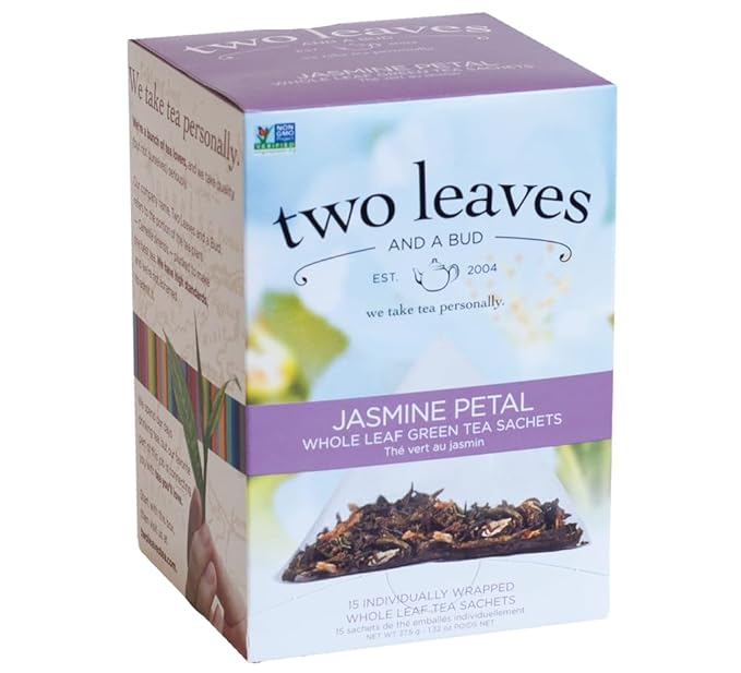 Two Leaves and a Bud Jasmine Green Tea Bags, 15 Count (Pack of 1) Whole Leaf Green Tea in Pyramid Sachet Bags, Compostable Sachets, Delicious Hot or Iced with Milk or Sugar or Honey