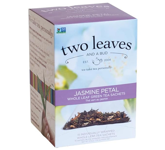 Two Leaves and a Bud Jasmine Green Tea Bags, 15 Count (Pack of 1) Whole Leaf Green Tea in Pyramid Sachet Bags, Compostable Sachets, Delicious Hot or Iced with Milk or Sugar or Honey