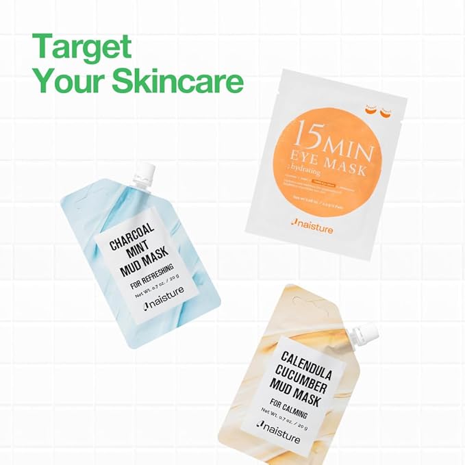15 Min Rescue Me Kit by Naisture – Korean Spa and Skincare Kit for Women with Cica, Turmeric, and Tea Tree Sheet Masks, Eye Mask, Calendula Cucumber Mask, and Charcoal Mint Mud Mask for Redness Repair