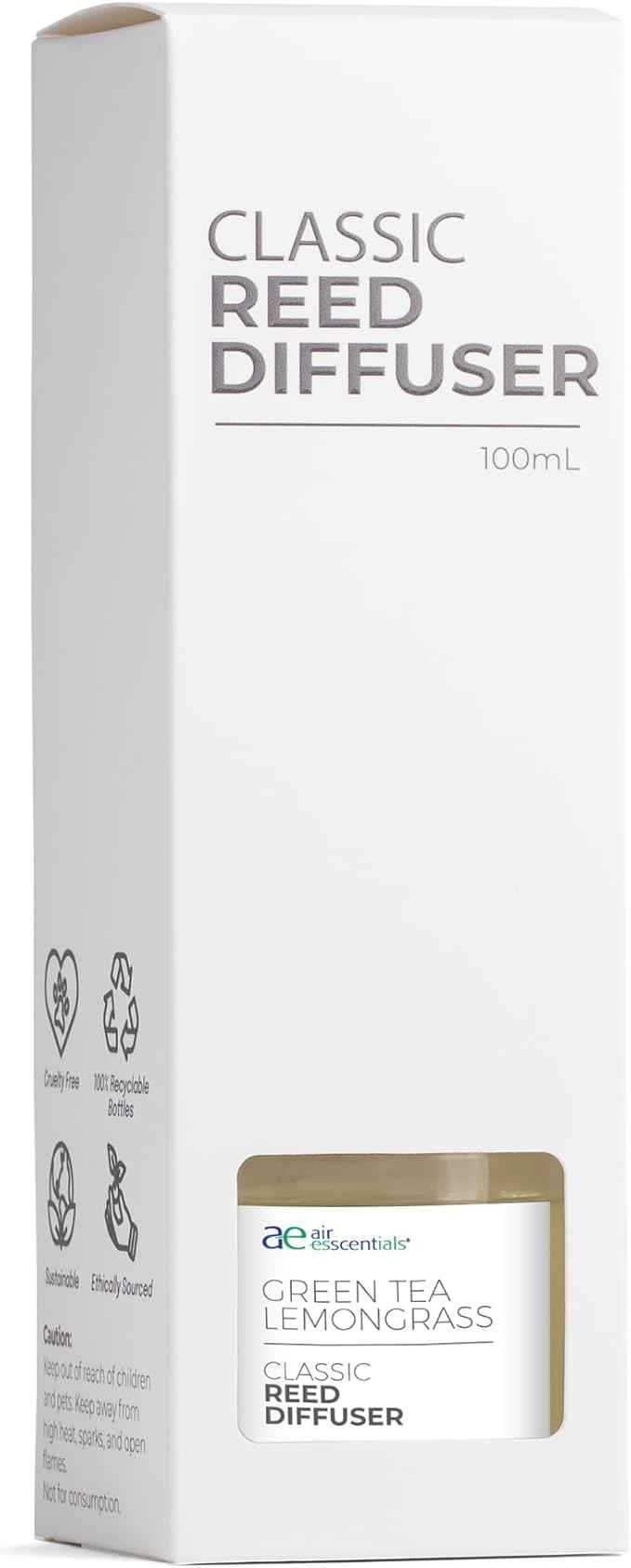 Air Esscentials Classic Green Tea Lemongrass Reed Diffuser Set - Decorative Fragrance Diffuser & Oil for Bathroom & Home | Long-Lasting Aroma | Natural Scent Sticks | Essential Oils, Botanicals| 100mL