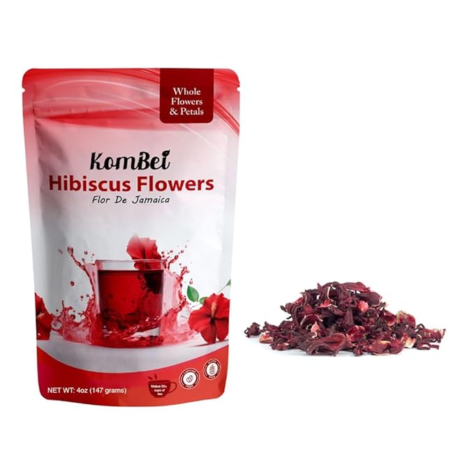 KomBei Loose Leaf Premium Hibiscus Tea, Flor de Jamaica (4oz) | Whole Flowers and Petals | Twice-Sifted | Herbal Tea | Caffeine-Free | Makes 50+ cups