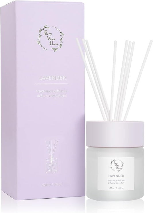 Reed Diffuser Set, Pretty Valley Home Diffuser 100Ml / 3.38fl OZ Gift Box - Includes Reed Diffuser Sticks, Fragrance Oil, and Glass Bottle for Bathroom Office Living Room Decor (Lavender)