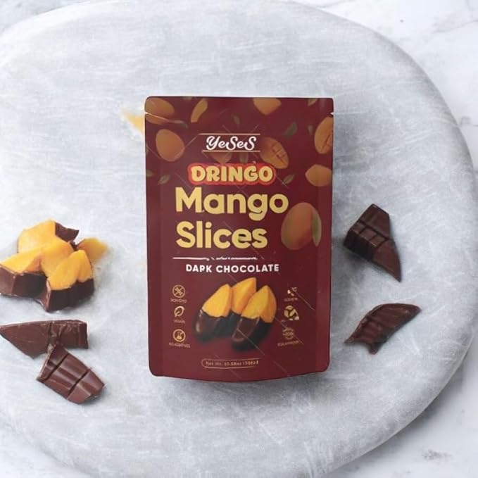 Mango Slices Dipped in Dark Chocolate Dringo Yeses – Premium Dried Mango Snack, Non-GMO, Vegan, Kosher, All-Natural, No Additives, 10.58 oz (300g) Resealable Bag (1 Pack)