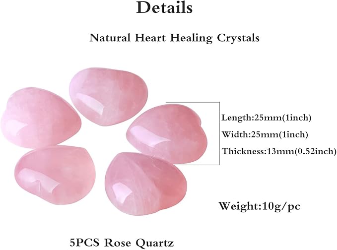 YATOJUZI 5PCS Rose Quartz Natural Heart Healing Crystals 1" Love Stones Sets Bulk Polished Pocket Palm Thumb Gemstones Energy Reiki Balancing Meditation Therapy