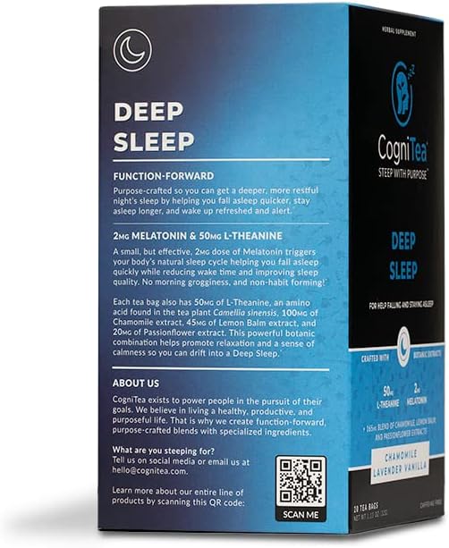 CogniTea Deep Sleep Tea with Melatonin, L-Theanine, Valerian, Chamomile, Lemon Balm and Passionflower for Night Time Rest