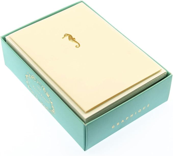 Graphique Seahorse La Petite Presse Boxed Notecards - 10 Embossed and Embellished Gold Foil Seahorse Blank Cards with Matching Envelopes, 3.25"" x 4.75""" (L1329CB)