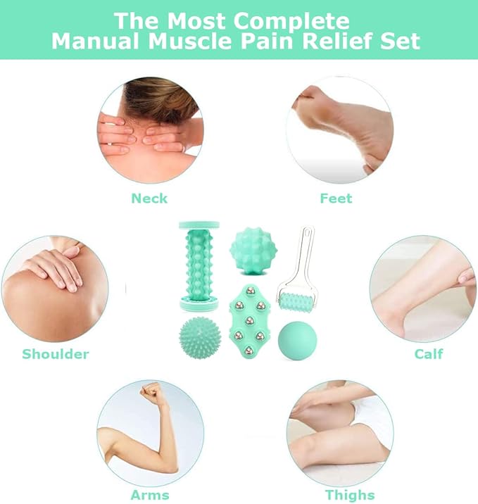 Foot Massage Ball & Foot Rollers 6 in 1 Set with Handheld Roller, Spiky Ball, Lacrosse Ball, Massage Roller, Steel Ball Massager for Relieve Plantar Fasciitis, Deep and Superficial