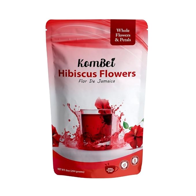 KomBei Loose Leaf Premium Hibiscus Tea, Flor de Jamaica (8oz) | Whole Flowers and Petals | Twice-Sifted | Herbal Tea | Caffeine-Free | Makes 110+ cups (8 oz)