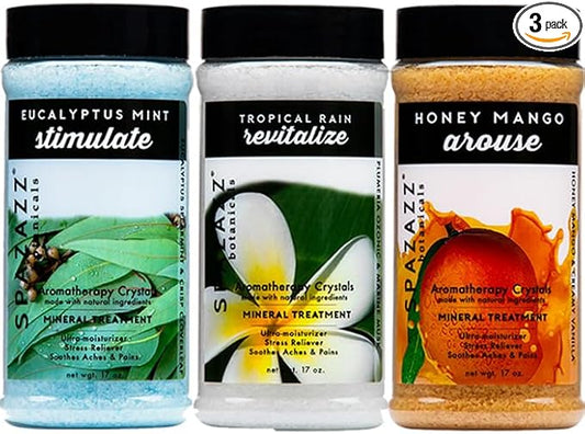 Spazazz Hot Tub Aromatherapy Bath Salt Crystals 3-Pack Bundle - Eucalyptus Mint Stimulate - Tropical Rain Revitalize - Honey Mango Arouse - Botanicals Collection Scents for Relaxing in Spas (17 oz)