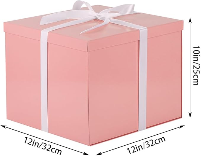 Large Gift Box with Lid 12.5x12.5x10 Inches, Pink Gift Boxes for presents Packaging for Birthdays, Valentine's Day, Christmas, Anniversaries (Include Shredded Paper Fill, Envelope Card Ribbon)
