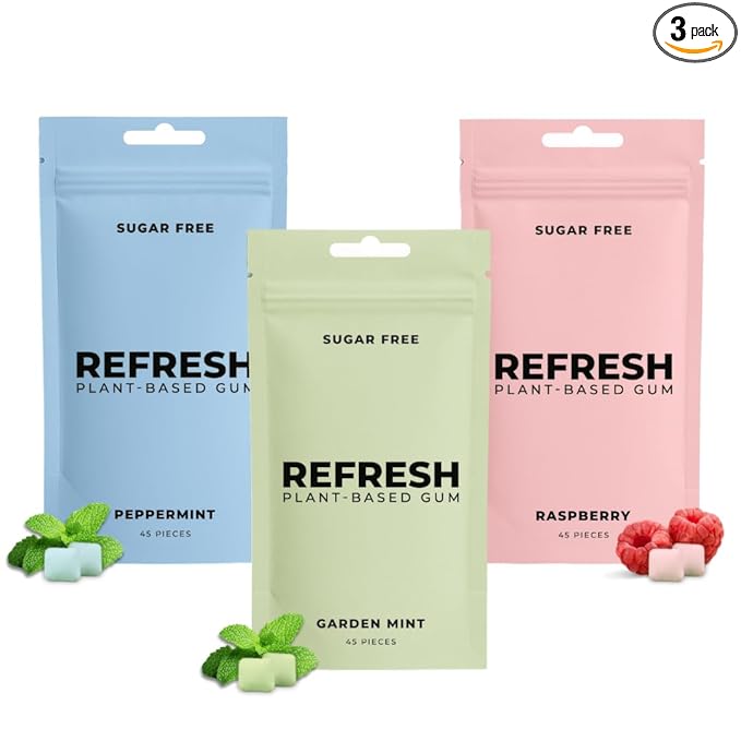 Refresh Gum Peppermint – Xylitol, Sugar Free Chewing Gum Pouches, Natural Flavor & Organic Ingredients – Aspartame Free, Plant-Based, Non-GMO – 45 Pieces Each, 3 Pack