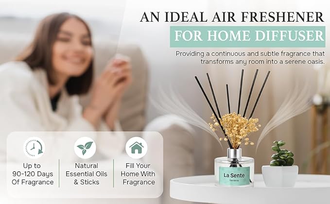 Reed Diffuser Set, Glass Bottle with Black Rattan Sticks, Dried White Flowers, 6.7fl oz, 200ml (Gardenia)