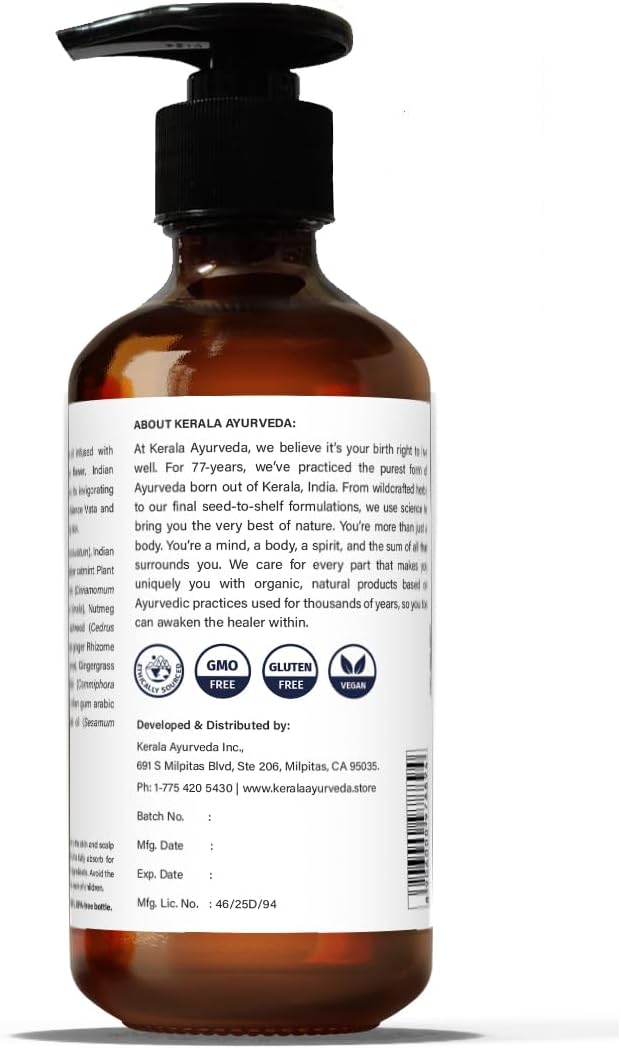 Kerala Ayurveda Herbal Skin Oil (Eladi Thailam) - Sesame Oil Based Ayurvedic Massage Oil for Radiant Body & Healthy Scalp - Moisturizes Dry Skin & Hair, & Balances Vata and Kapha, 6.76 Fl Oz