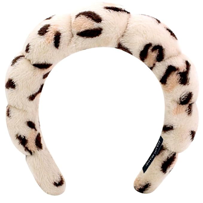 Spa Headbands for Washing Face or Makeup, Sponge Bubble Skincare Headbands, Puffy Terry Cloth Hairband for Women, Skin Care Makeup Headwear Hair Accessories for Girls (Leopard Khaki)