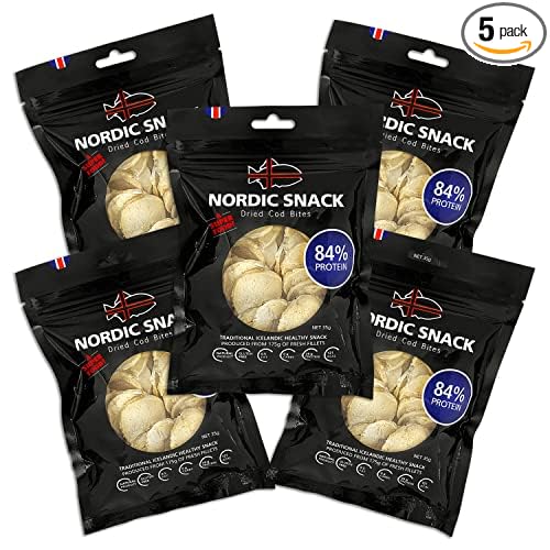Nordic Catch Freeze Dried Cod Bites Seafood Snacks - Chips made from Wild Caught Icelandic Cod Fish - Healthy Snack, Rich in Omega 3 Fatty Acids, Protein Packed Fish Jerky, Keto Friendly Dry Fish - 35g Resealable Bag of Freeze Dried Food- 5 Pack