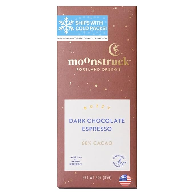 Moonstruck Chocolate Dark Chocolate Espresso Bean Bar, 68% Cacao, 3.0oz (Pack of 1)