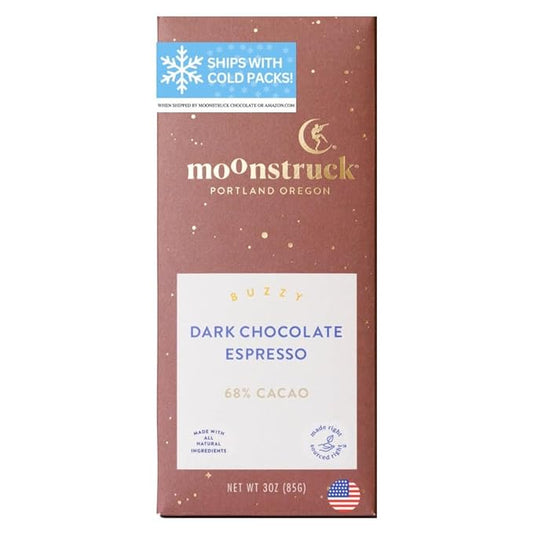 Moonstruck Chocolate Dark Chocolate Espresso Bean Bar, 68% Cacao, 3.0oz (Pack of 1)