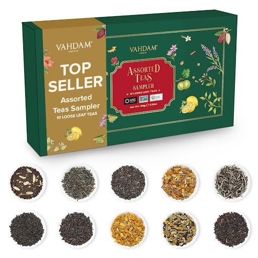 VAHDAM, Assorted Loose Leaf Tea Gift Set (10 Flavors, 100 gm) Gift Ideas for Women & Men | Herbal Tea, Green Tea, Chai Tea & Black Tea Sampler| Non-GMO, Gluten Free | Gifts for Him/Her