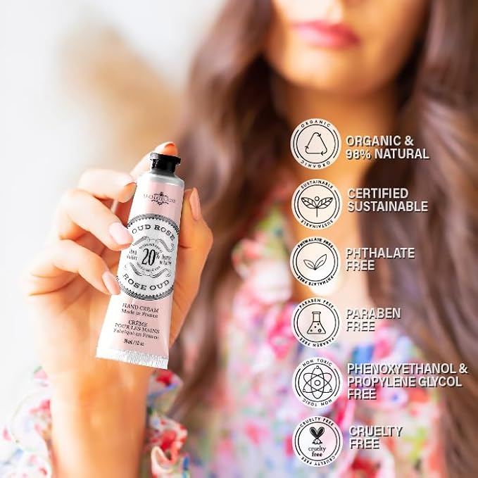 La Chatelaine Rose Hand Cream Trio Tin Gift Set, Ready-To-Gift Tin, Nautral, Made in France with 20% Organic Shea Butter, Nourishing and Moisturizing (Cherry Almond, Pear, Oud Rose)