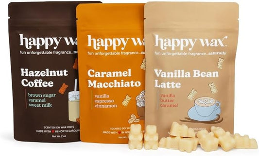 Happy Wax Coffee Mix Collection Scented Natural Soy Wax Melts – 6 Total Oz. of Scented Wax Melts, Collection Includes Hazelnut Coffee, Vanilla Bean Latte and Caramel Macchiato