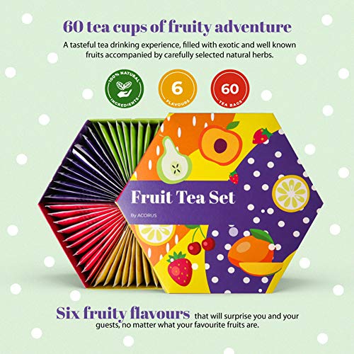 ACORUS Fruit Luxury Tea Set - Assorted Fruit and Herbal Teas Box, Tea Gift Sets, Large Variety Pack, Perfect for Refreshing Iced Drinks, Sampler 6 Flavors, 60 Bags