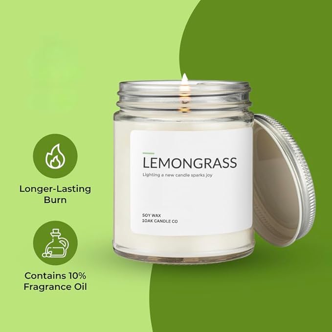 1OAK Soy Wax Scented Candles (Lemongrass) - Soy Candles for Home Scented - Long Burning Premium - Hand-Poured (7oz.)