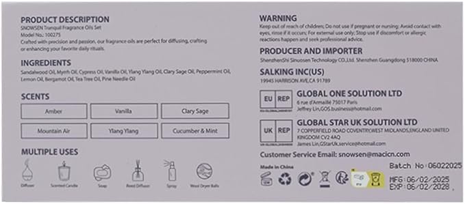Tranquil Diffuser Oils, SNOWSEN Essential Oil Set for Diffuser, Soap & Candle Making, Aromatherapy Oils Gift Set Includes Amber, Vanilla, Cucumber & Mint, Clary Sage, Ylang Ylang, Mountain Air